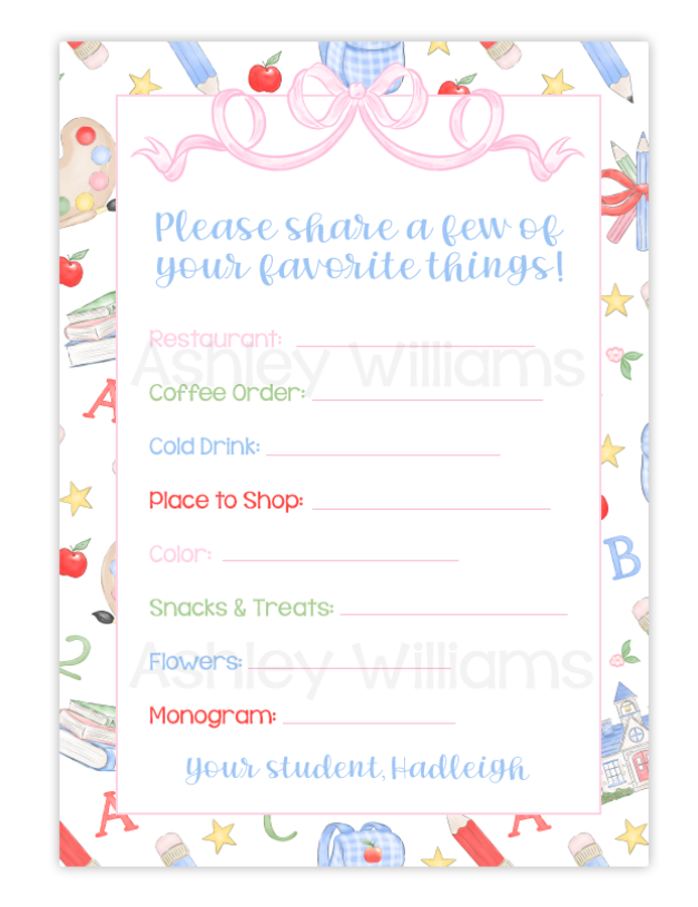 Teacher Questionnaire Favorite Things Printable